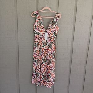 Saloni Holly Silk Crepe de Chine Midi Dress Size 4 Wedding Guest Ivory Succulent